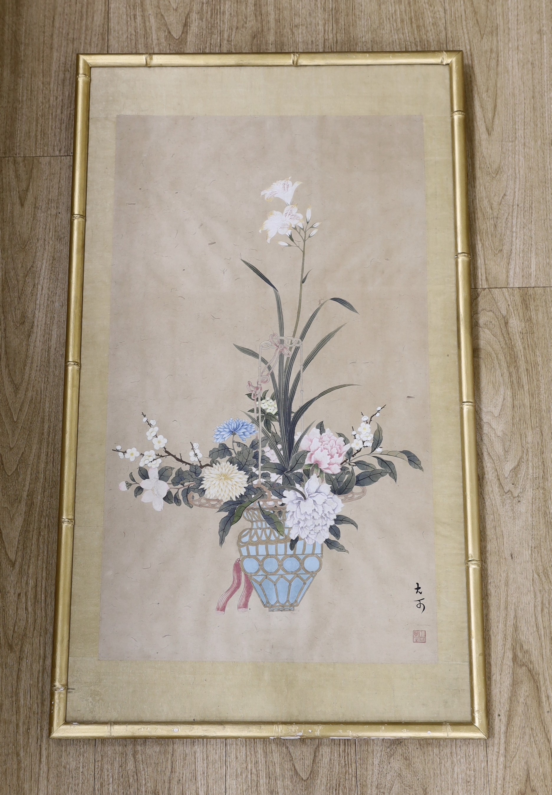 Chinese School, gouache on paper, Still life of flowers in a hanging basket, signed, 82 x 46cm